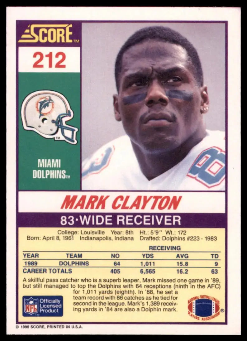1990 Score Mark Clayton 212 Miami Dolphins NM - Football Card Single