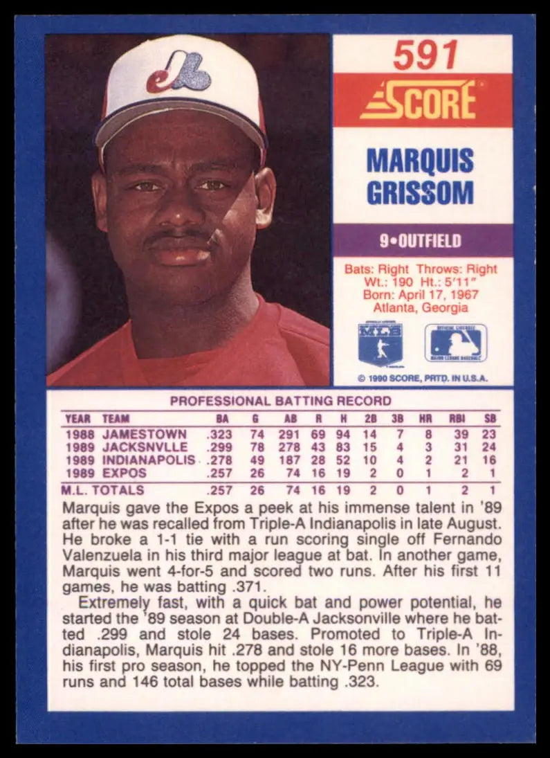 1990 Score Marquis Grissom RC 591 Montreal Expos NM - Baseball Card Single