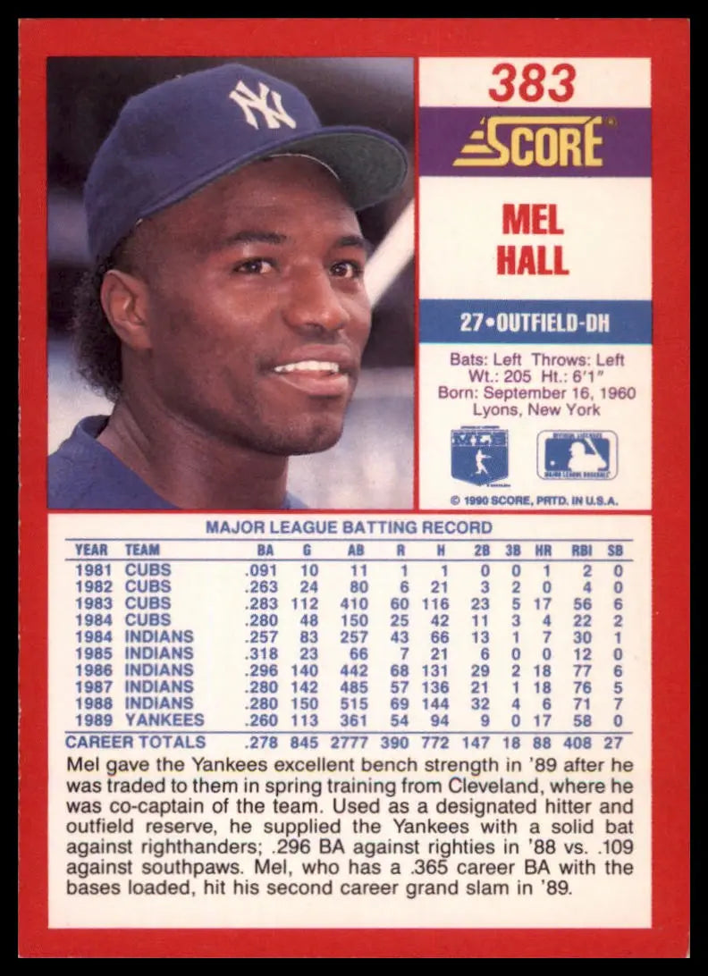 1990 Score Mel Hall 383 New York Yankees NM - Baseball Card Single