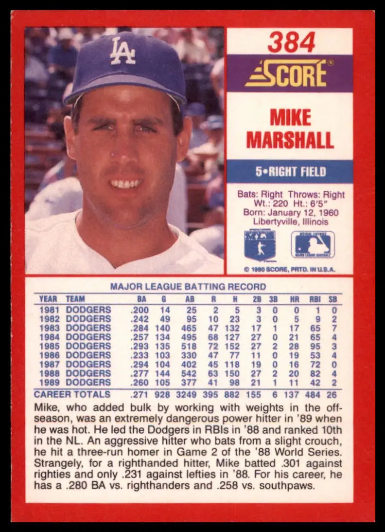 1990 Score Mike Marshall 384 Los Angeles Dodgers NM - Baseball Card Single