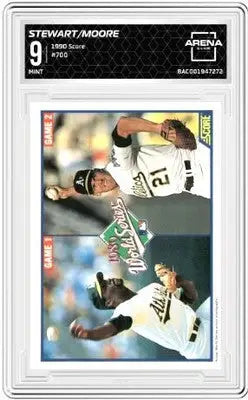 Graded 1990 Score Moore Stewart Arena Club baseball trading card featuring two players