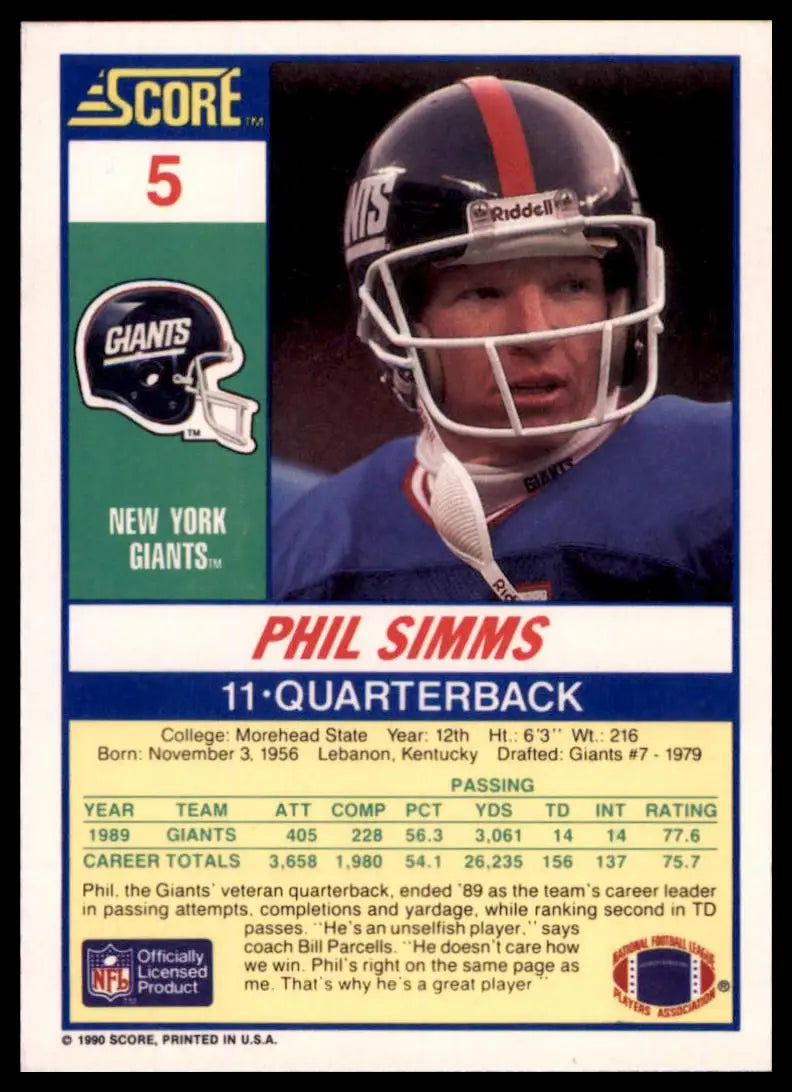 1990 Score Phil Simms 5 New York Giants NM - Football Card Single