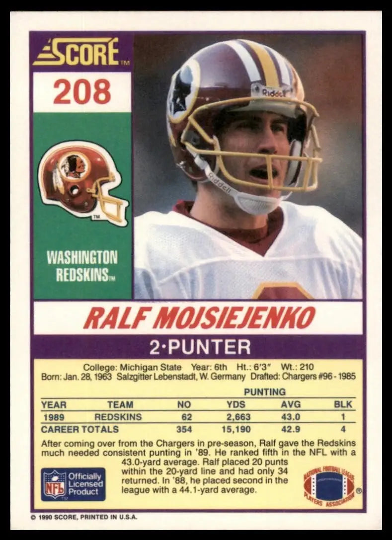 1990 Score Ralf Mojsiejenko #208 Washington Redskins Football Card NFL Sports