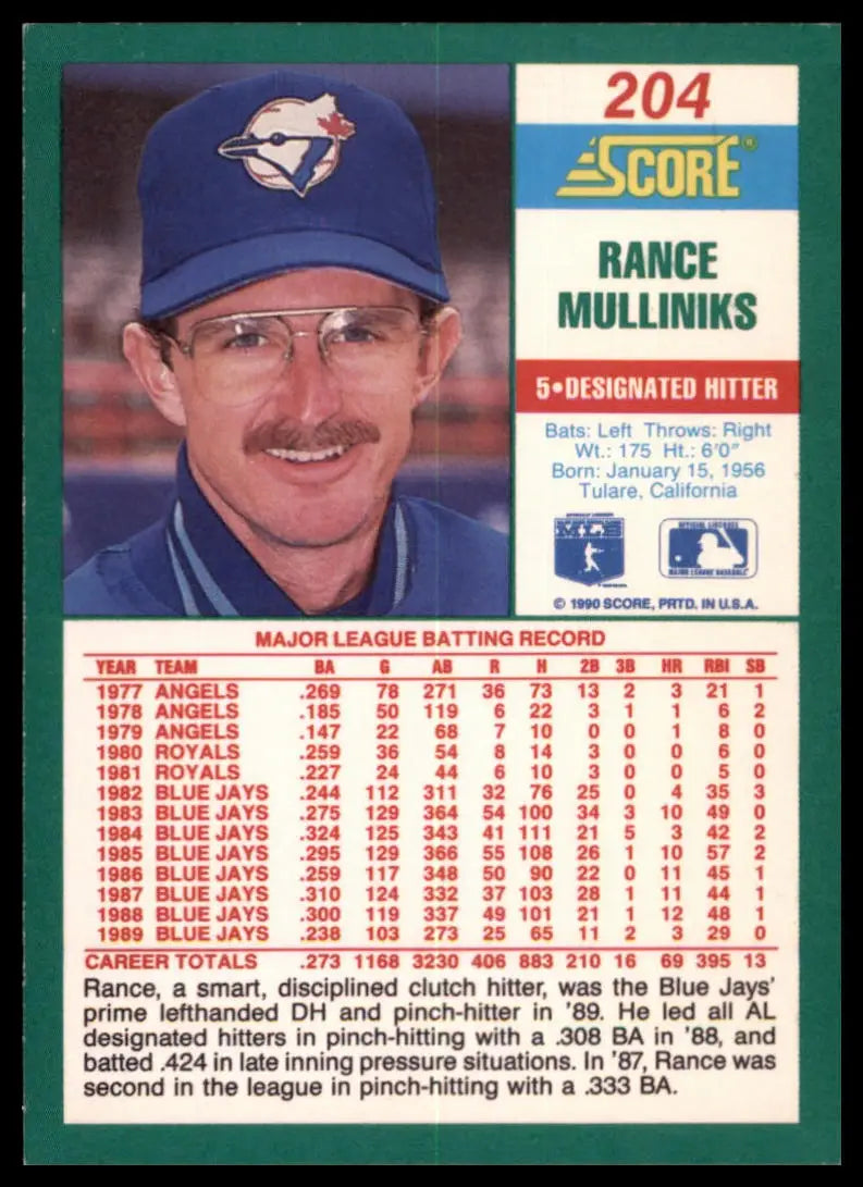 1990 Score Rance Mulliniks 204 Toronto Blue Jays NM - Baseball Card Single