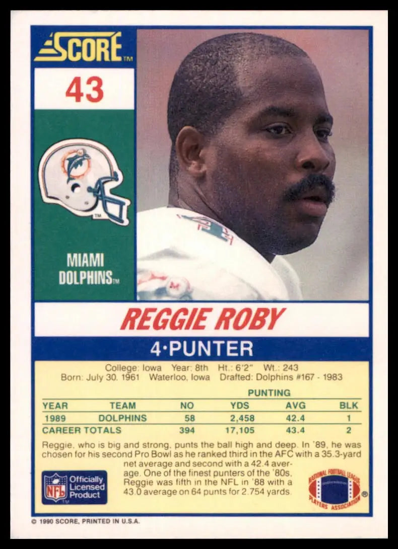 1990 Score Reggie Roby 43 Miami Dolphins NM - Football Card Single