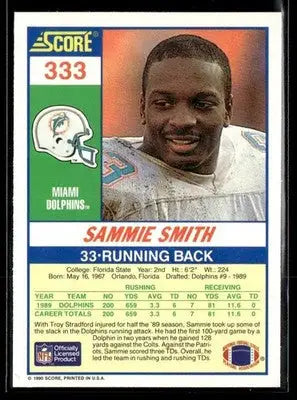 1990 Score Sammie Smith #333 Miami Dolphins - Football Card Single