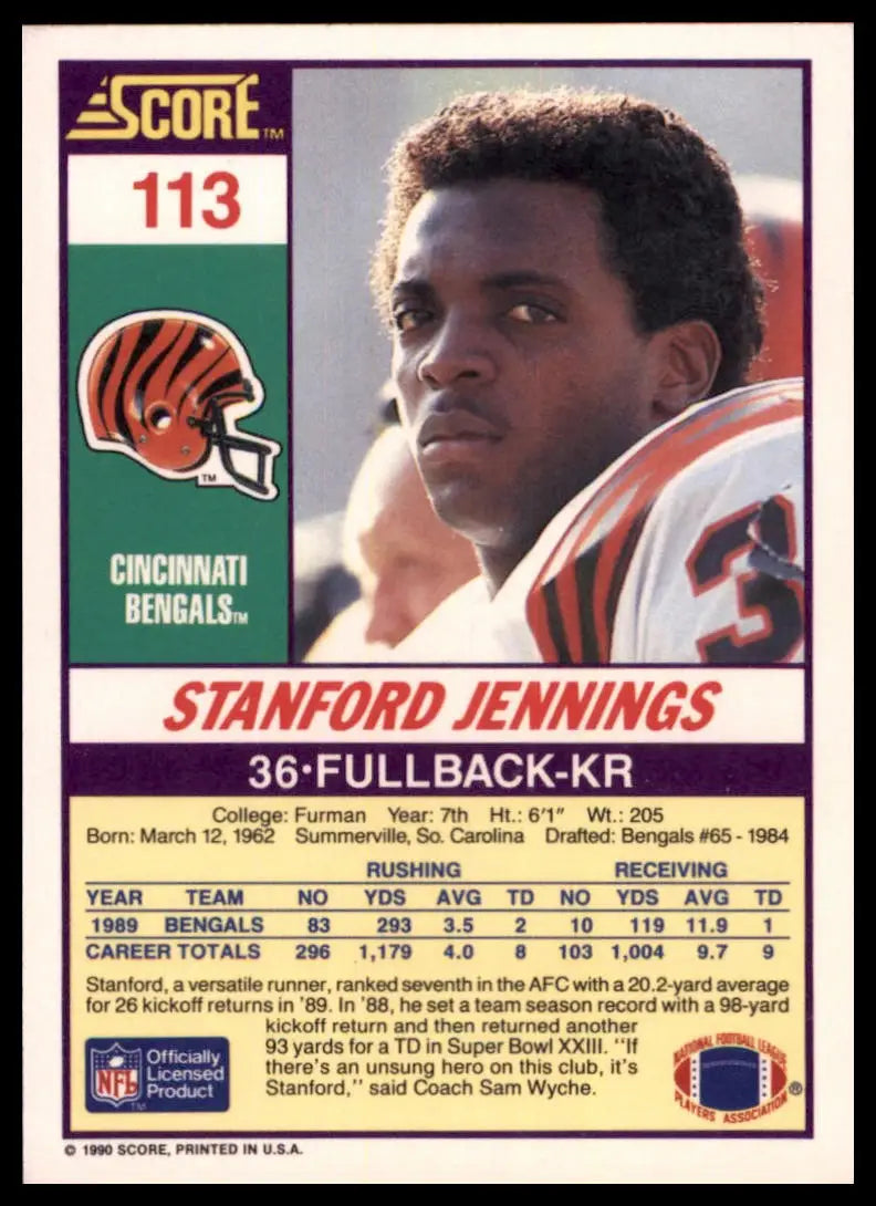 1990 Score Stanford Jennings 113 Cincinnati Bengals NM - Football Card Single