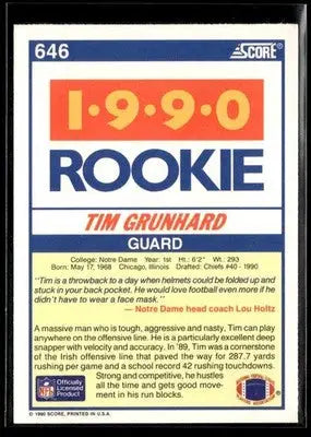 1990 Score Tim Grunhard #646 RC Notre Dame Fighting Irish - Football Card Single
