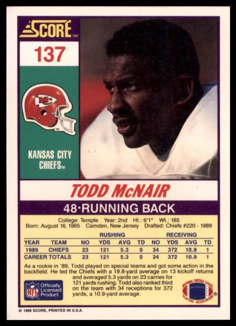1990 Score Todd McNair RC 137 Kansas City Chiefs NM - Football Card Single