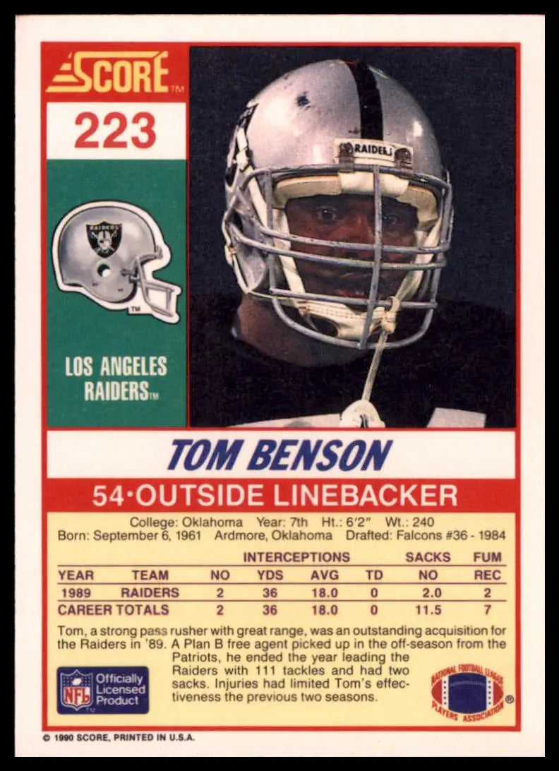 1990 Score Tom Benson RC 223 Los Angeles Raiders NM - Football Card Single
