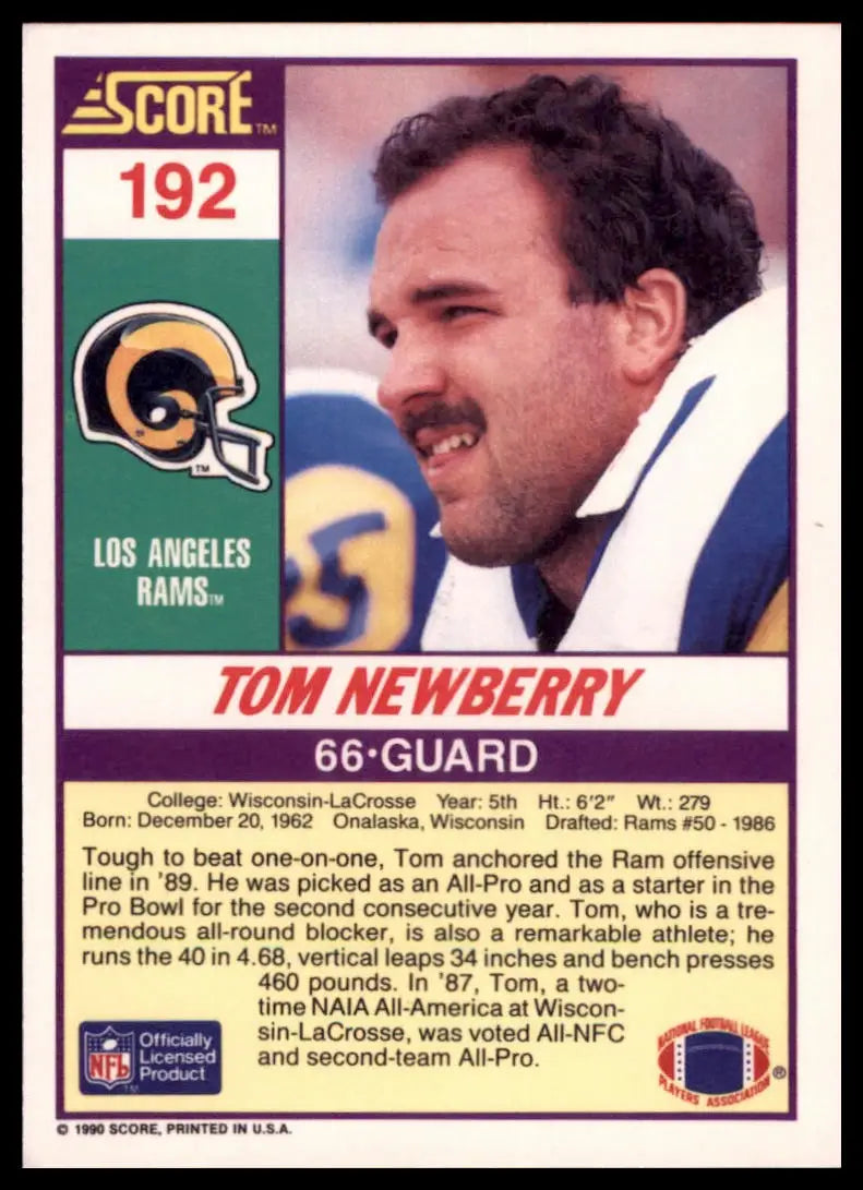 1990 Score Tom Newberry 192 Los Angeles Rams NM - Football Card Single