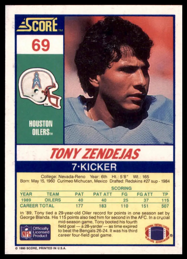 1990 Score Tony Zendejas 69 Houston Oilers NM - Football Card Single