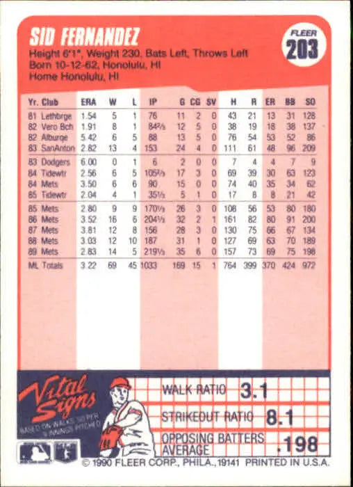 1990 Sid Fernandez Fleer Baseball Card #203