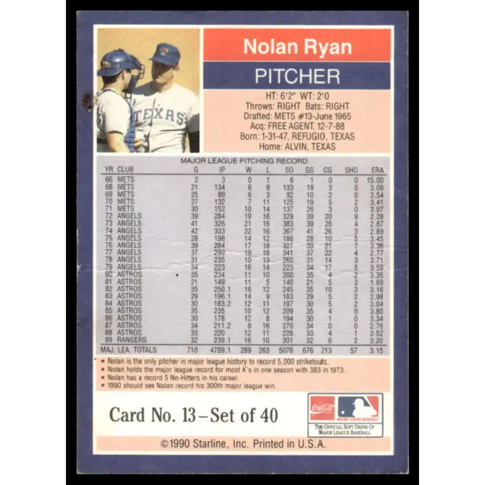 1990 Starline Long John Silver #13 Nolan Ryan EX/NM Texas Rangers Baseball Card - Baseball Card Single