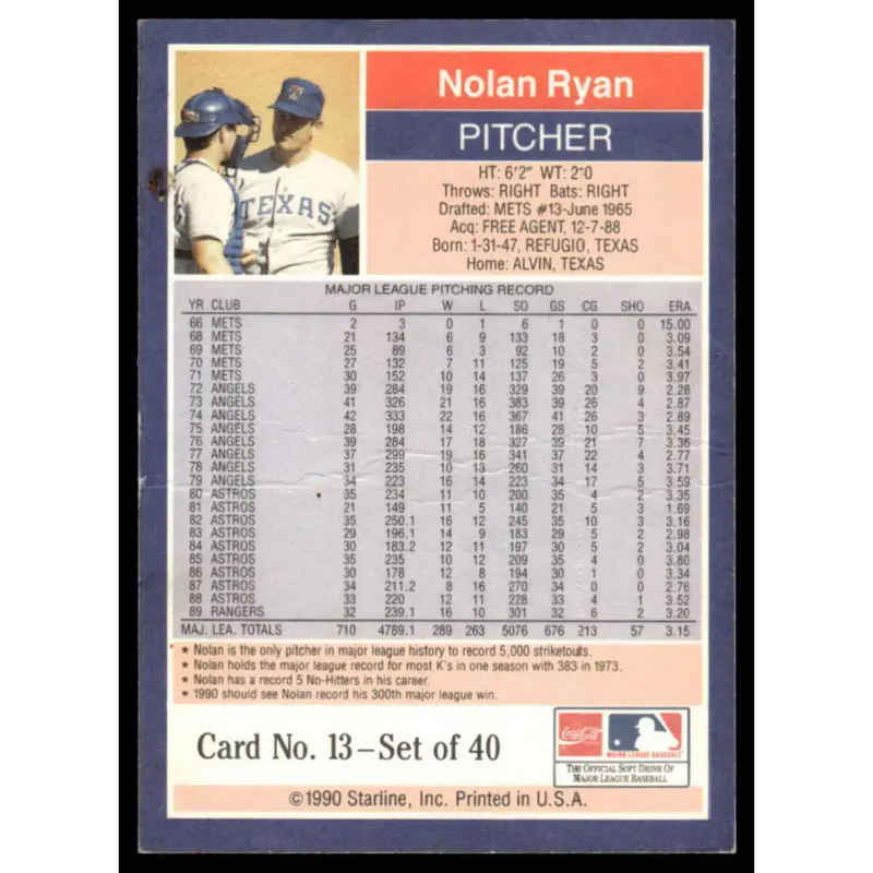 1990 Starline Long John Silver #13 Nolan Ryan EX/NM Texas Rangers Baseball Card - Baseball Card Single