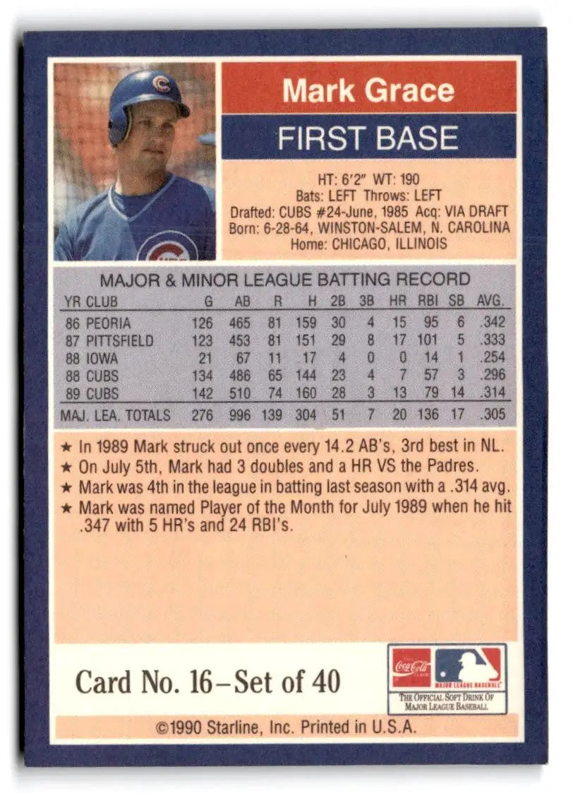 1990 Starline Long John Silver #16 Mark Grace - Baseball Card Single