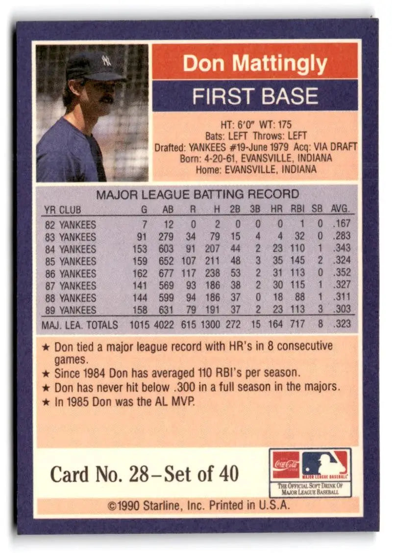 1990 Starline Long John Silver #28 Don Mattingly - Baseball Card Single