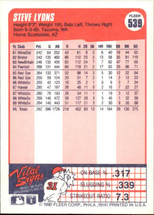 1990 Steve Lyons Fleer Baseball Card #539 - Baseball Card Single