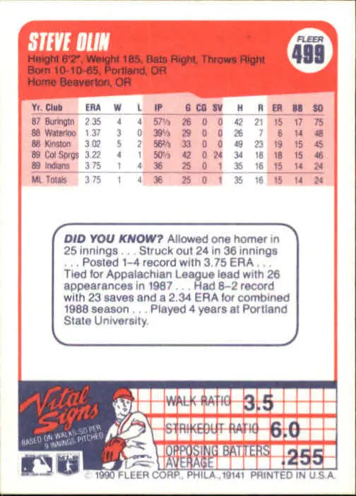 1990 Steve Olin Fleer Baseball Card #499 - Baseball Card Single