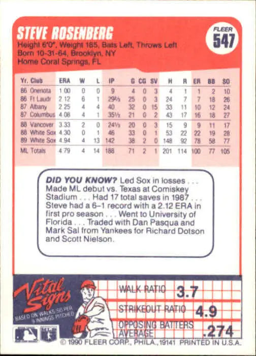 1990 Steve Rosenberg Fleer Baseball Card #547 - Baseball Card Single