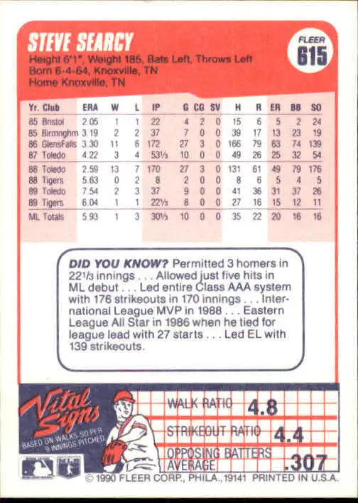 1990 Steve Searcy Fleer Baseball Card #615 - Baseball Card Single