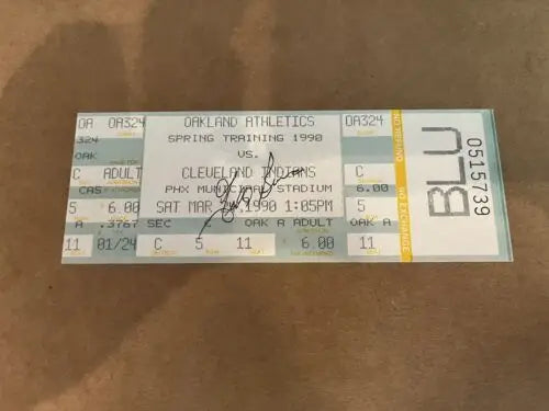 Autographed 1990 Oakland Athletics spring training ticket featuring Todd Burns signature