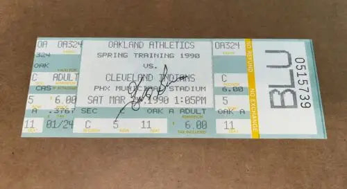 Autographed 1990 Oakland Athletics spring training ticket by Todd Burns, JSA certified
