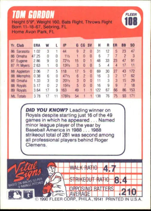 1990 Tom Gordon Fleer Baseball Card #108 - Baseball Card Single