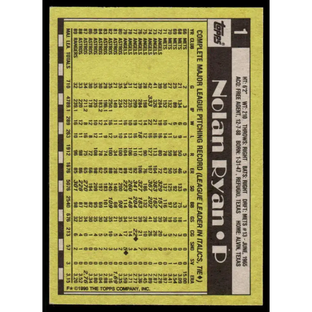 1990 Topps #1 Nolan Ryan EX/NM Texas Rangers Baseball Card