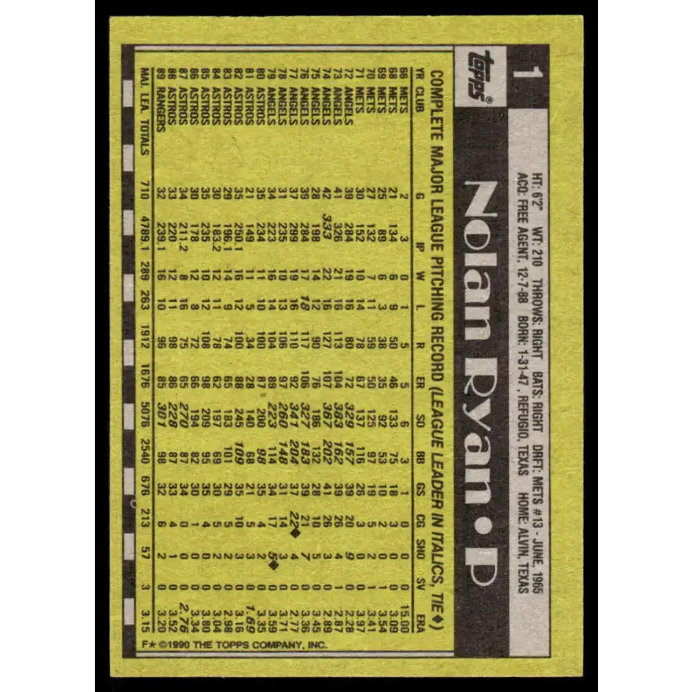 1990 Topps #1 Nolan Ryan EX/NM Texas Rangers Baseball Card