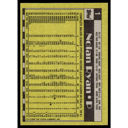 1990 Topps #1 Nolan Ryan EX/NM Texas Rangers Baseball Card