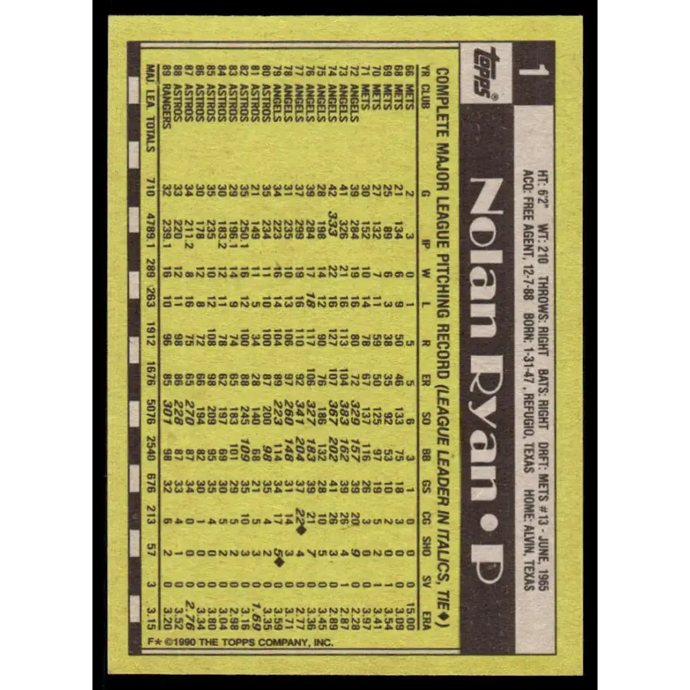 1990 Topps #1 Nolan Ryan EX/NM Texas Rangers Baseball Card