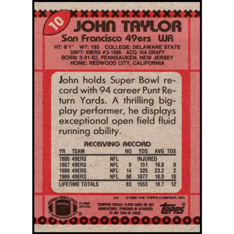 1990 Topps #10 John Taylor EX Excellent San Francisco 49ers Football Card - Football Card Single