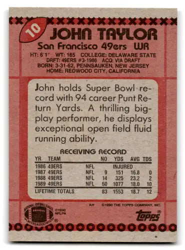 John Taylor football card with original gloss from 1990 Topps, mint 49ers collectible