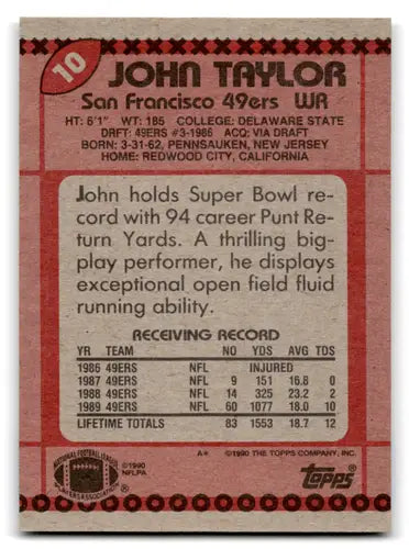 Original gloss John Taylor football card from 1990 Topps mint 49ers series