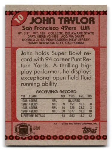 John Taylor football card 1990 Topps mint 49ers with original gloss ID 67370