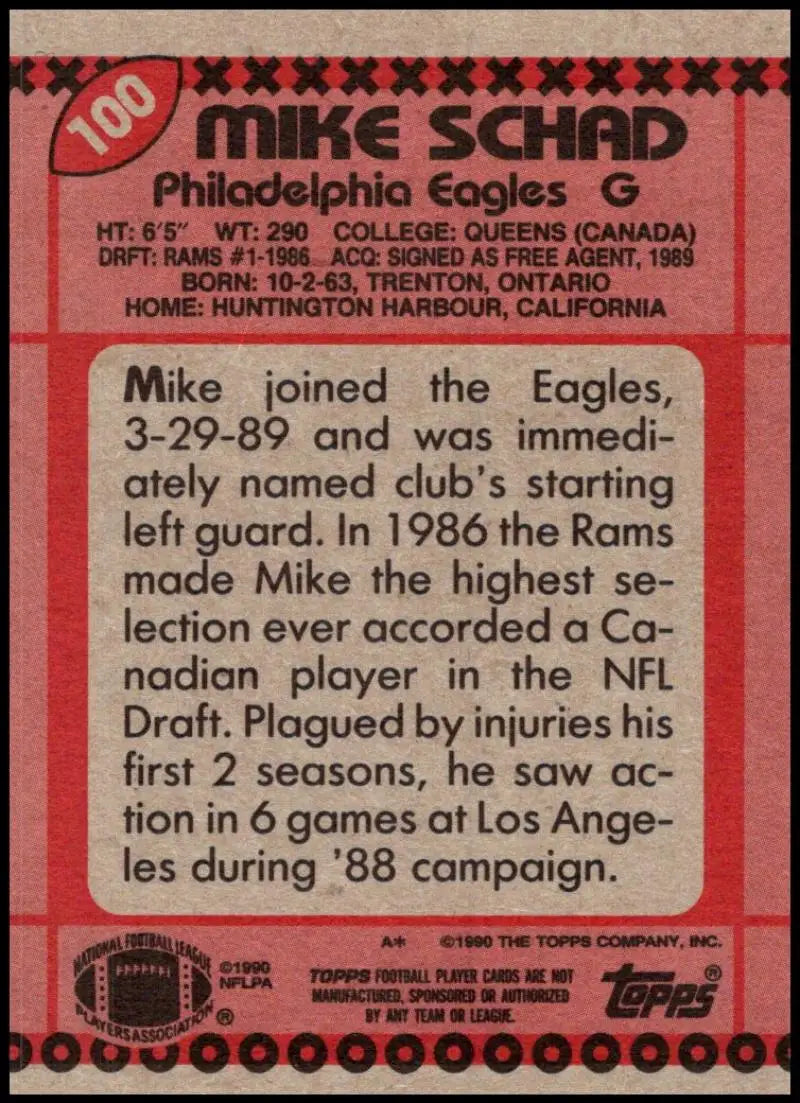 1990 Topps #100 Mike Schad EX Excellent RC Rookie Philadelphia Eagles Football Card - Football Card Single