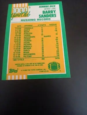 1990 Topps - 1000 yd. Club Barry Sanders #3. Detroit Lions. NRMT+