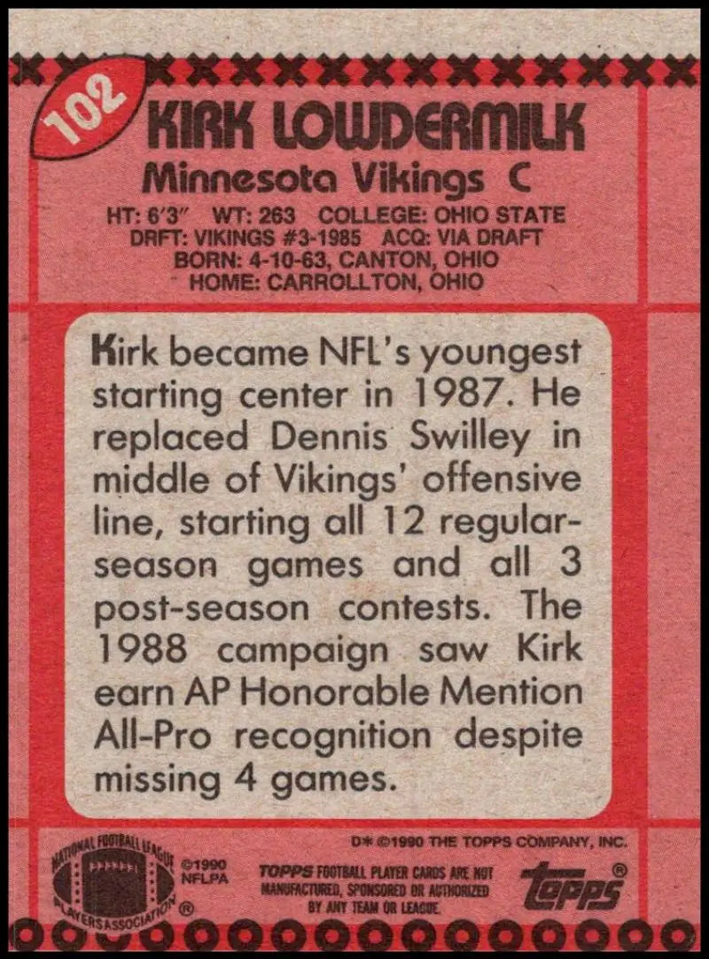 1990 Topps #102 Kirk Lowdermilk EX Excellent Minnesota Vikings Football Card - Football Card Single