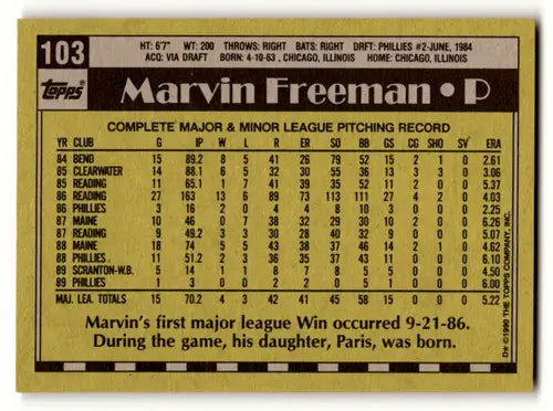 1990 Topps #103 Marvin Freeman EX/NM Phillies ID:56544 - Baseball Card Single