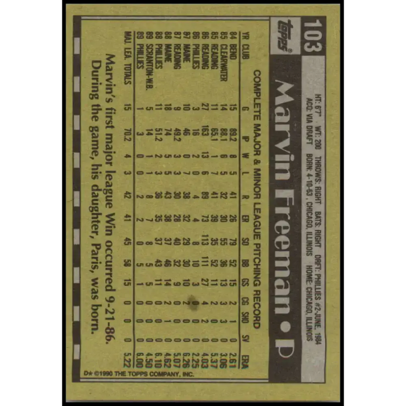 1990 Topps #103 Marvin Freeman NM-MT Philadelphia Phillies Baseball Card - Baseball Card Single