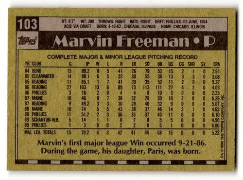 Marvin Freeman Philadelphia Phillies baseball card from 1990 Topps #103