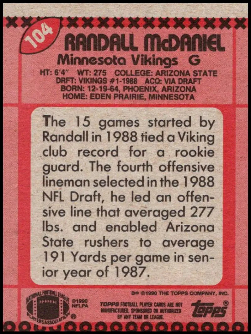 1990 Topps #104 Randall McDaniel EX Excellent Minnesota Vikings Football Card - Football Card Single