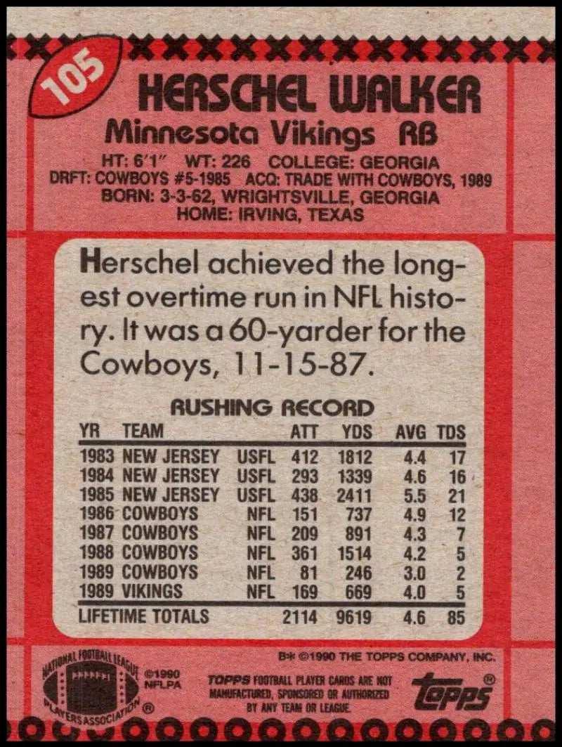 1990 Topps #105 Herschel Walker EX Excellent Minnesota Vikings Football Card - Football Card Single