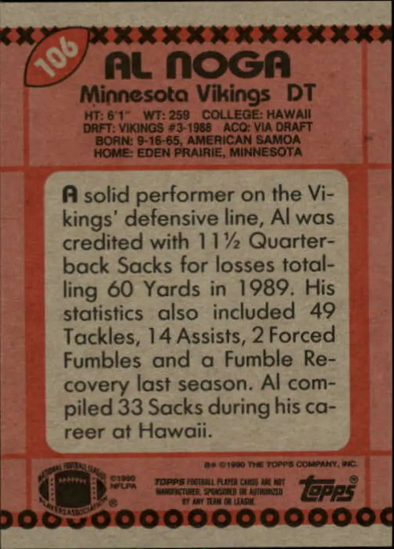 1990 Topps #106 Al Noga EX Excellent Minnesota Vikings Football Card - Football Card Single