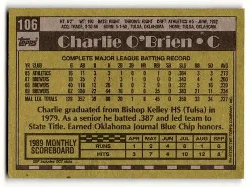 1990 Topps Charlie OBrien Milwaukee Brewers baseball card with original gloss in excellent condition