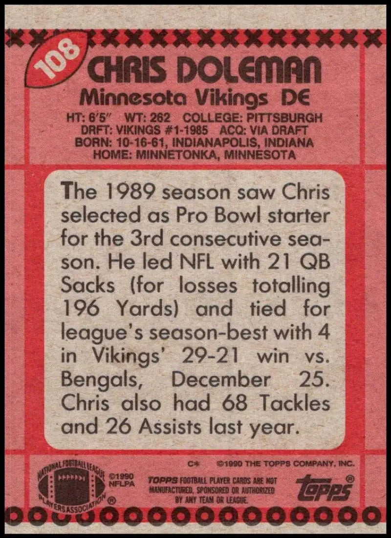 1990 Topps #108 Chris Doleman EX Excellent Minnesota Vikings Football Card - Football Card Single