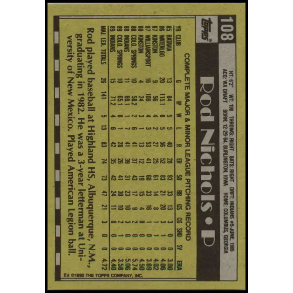 1990 Topps #108 Rod Nichols NM-MT Cleveland Indians Baseball Card - Baseball Card Single