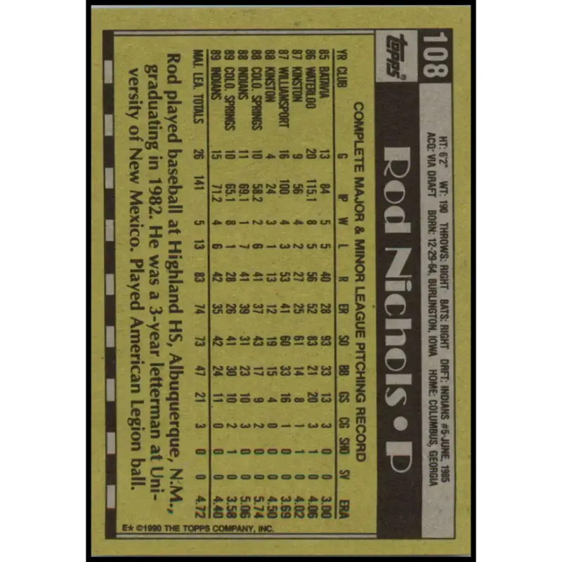1990 Topps #108 Rod Nichols NM-MT Cleveland Indians Baseball Card - Baseball Card Single