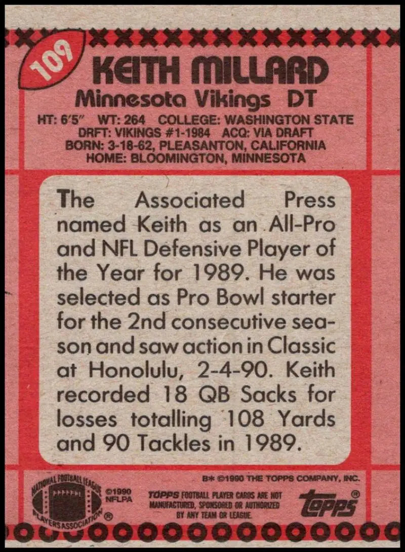 1990 Topps #109 Keith Millard EX Excellent Minnesota Vikings Football Card - Football Card Single